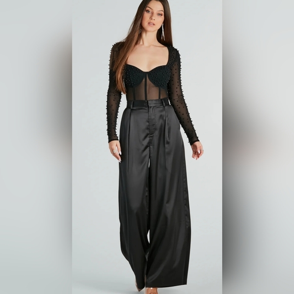 Black- Faux Pearl Corset Bodysuit - Picture 3 of 7